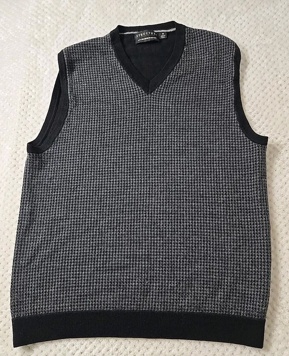 Structure Mens M Italian Merino Wool Sweater Vest Houndstooth Black Gray V Neck